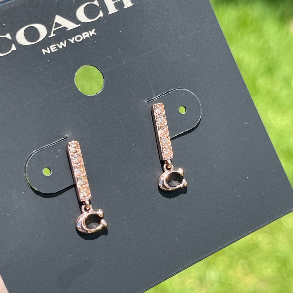 COACH Signature C Pave Bar Stud Earrings in Rose Gold - Picture 8 of 16